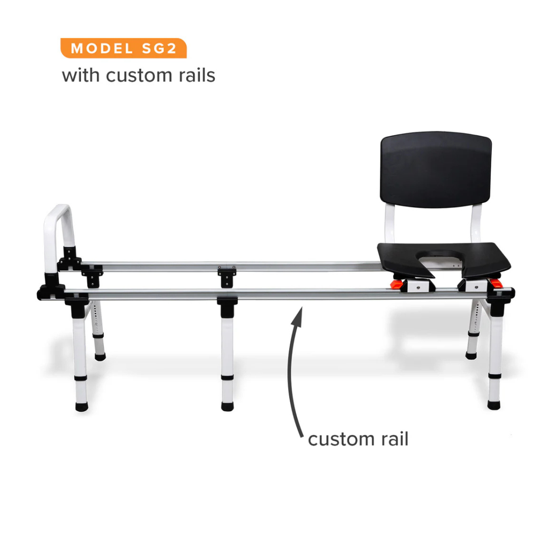 The Accessories and Parts for ShowerGlyde® Transfer Benches include a white and black adjustable chair with a durable hard-plastic seat/backrest, metal custom rails (MODEL SG2), and an arrow highlighting the comfort-enhancing rail beneath the seat.